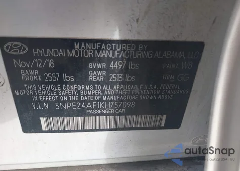 2019 Hyundai Sonata Se z USA, uszkodzony, nr VIN 5NPE24AF1KH757098